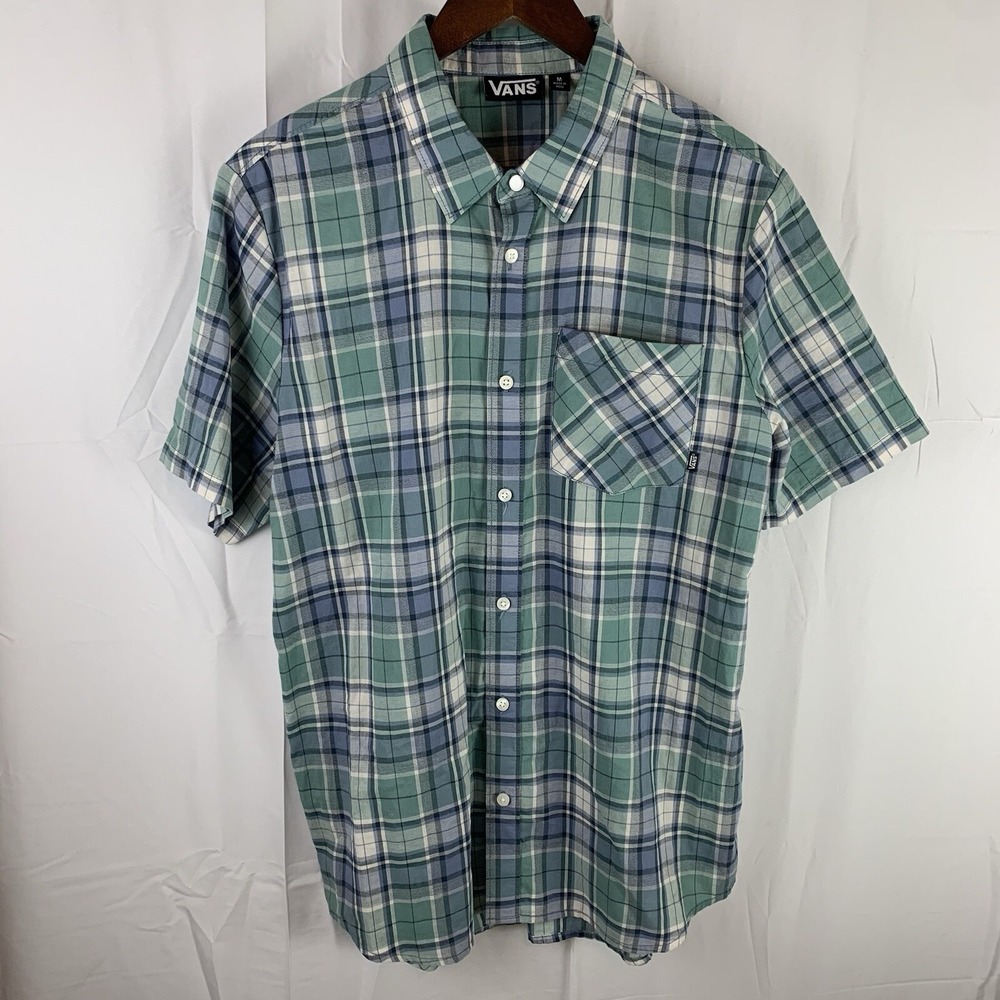 Vans Off The Wall Green/Blue Short Sleeve Plaid Shirt Mens Medium